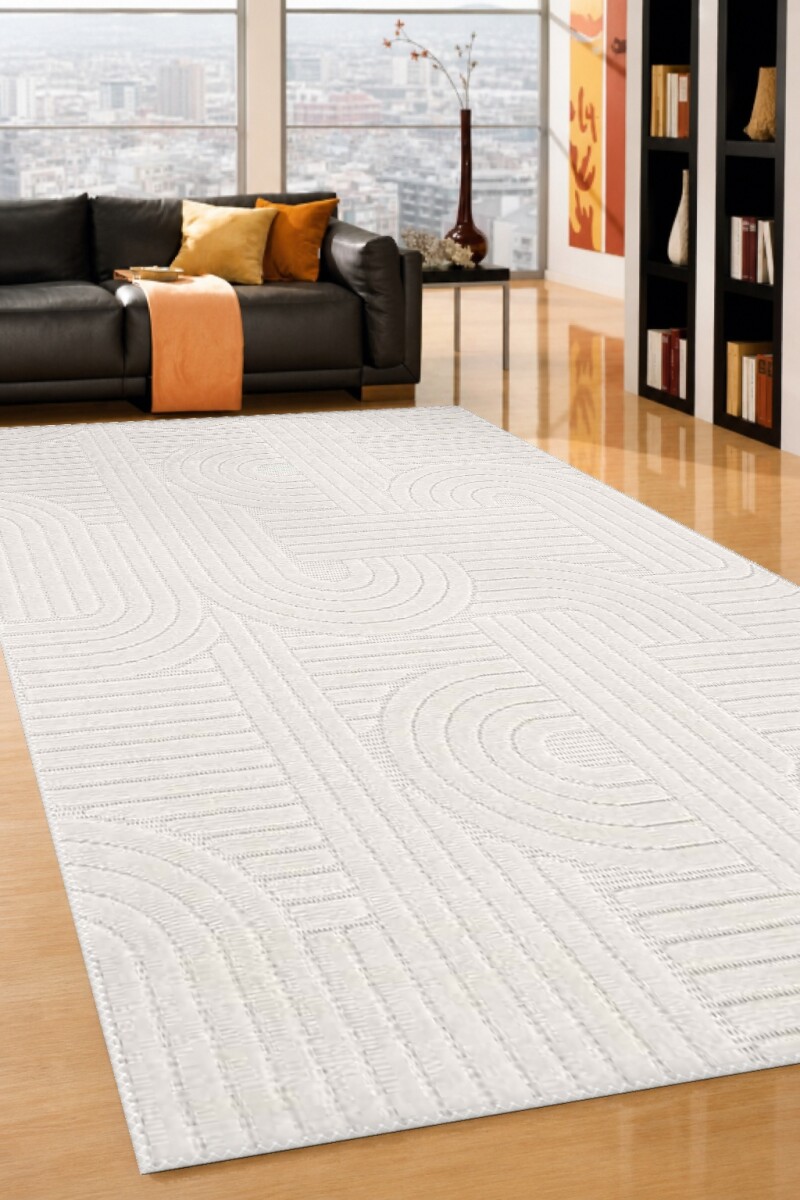 Beyaz Krem Ton Üstü Ton Labirent Meander Yay Çizgi İnce Rölyef Minimalist Salon Halısı