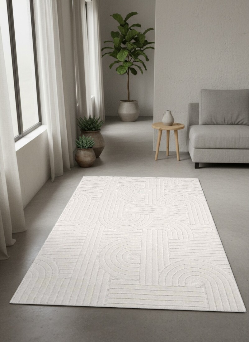 Beyaz Krem Ton Üstü Ton Labirent Meander Yay Çizgi İnce Rölyef Minimalist Salon Halısı