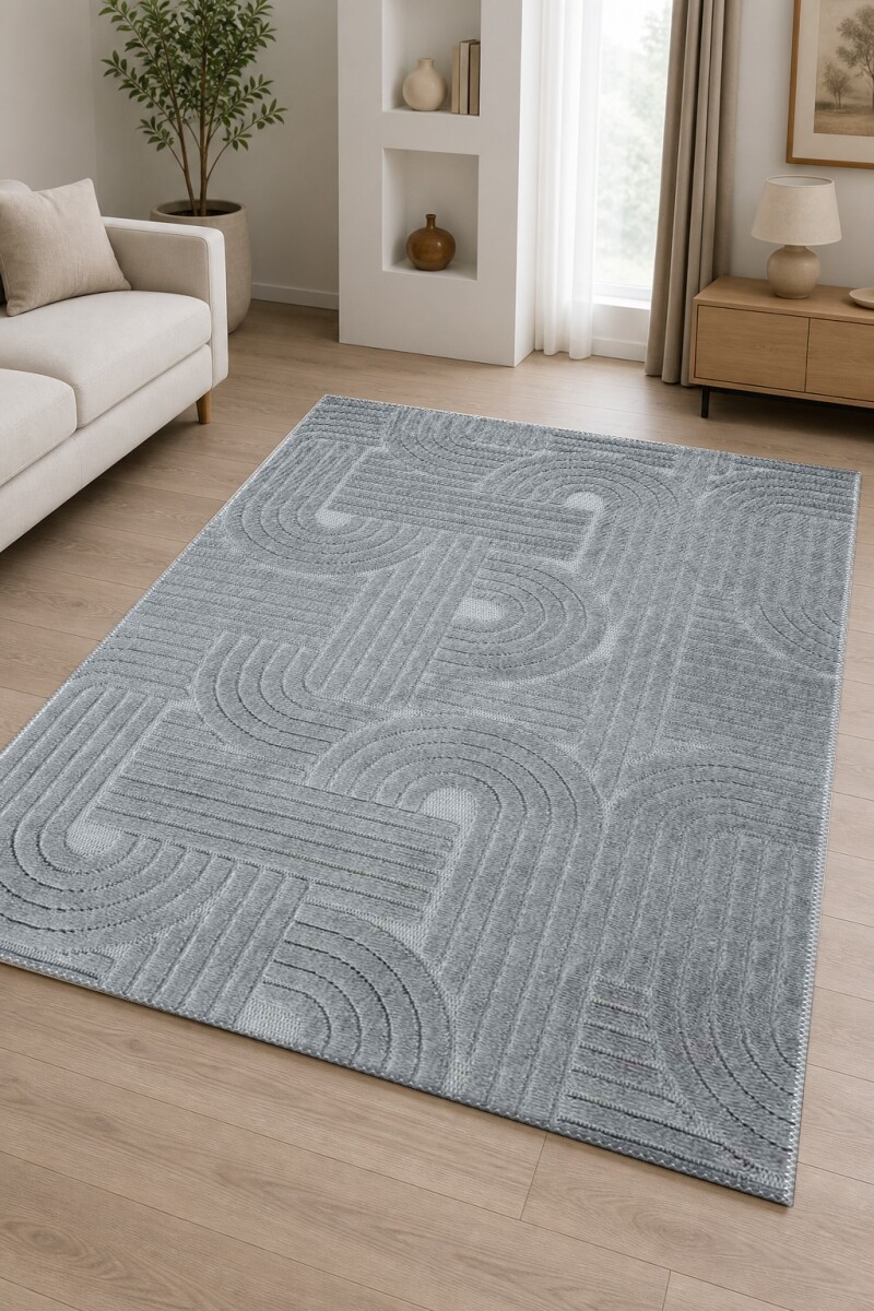 Orta Gri Ton Üstü Ton Labirent Meander Spiral Yay Çizgi Rölyef Modern Salon Halısı