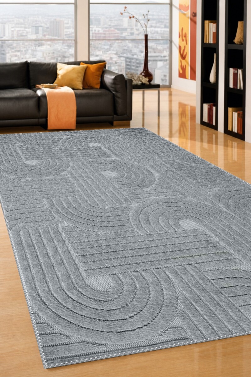 Orta Gri Ton Üstü Ton Labirent Meander Spiral Yay Çizgi Rölyef Modern Salon Halısı