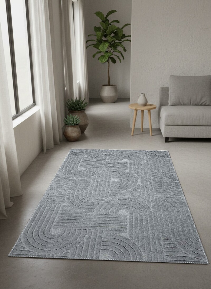 Orta Gri Ton Üstü Ton Labirent Meander Spiral Yay Çizgi Rölyef Modern Salon Halısı