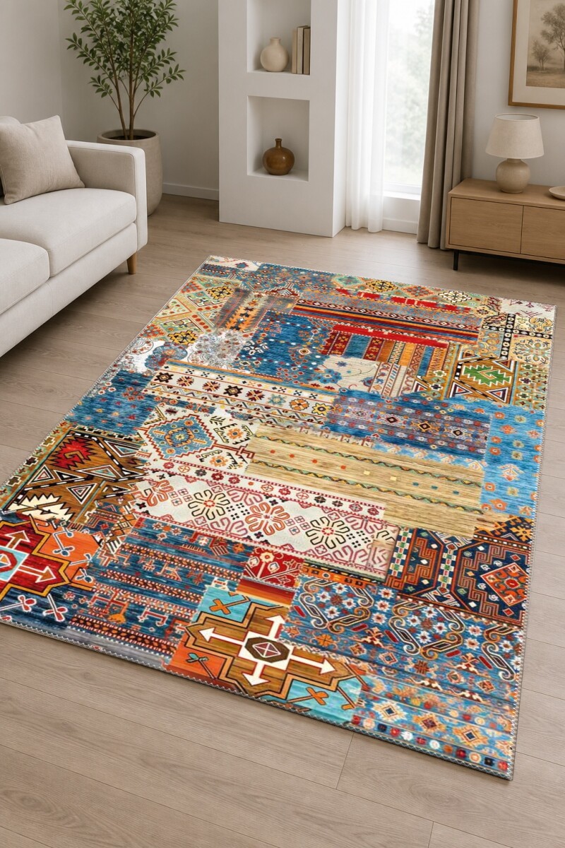 Çok Renkli Mavi Baskın Anadolu Kilim Patchwork Kolaj Parlak Geometrik Etnik Salon Halısı