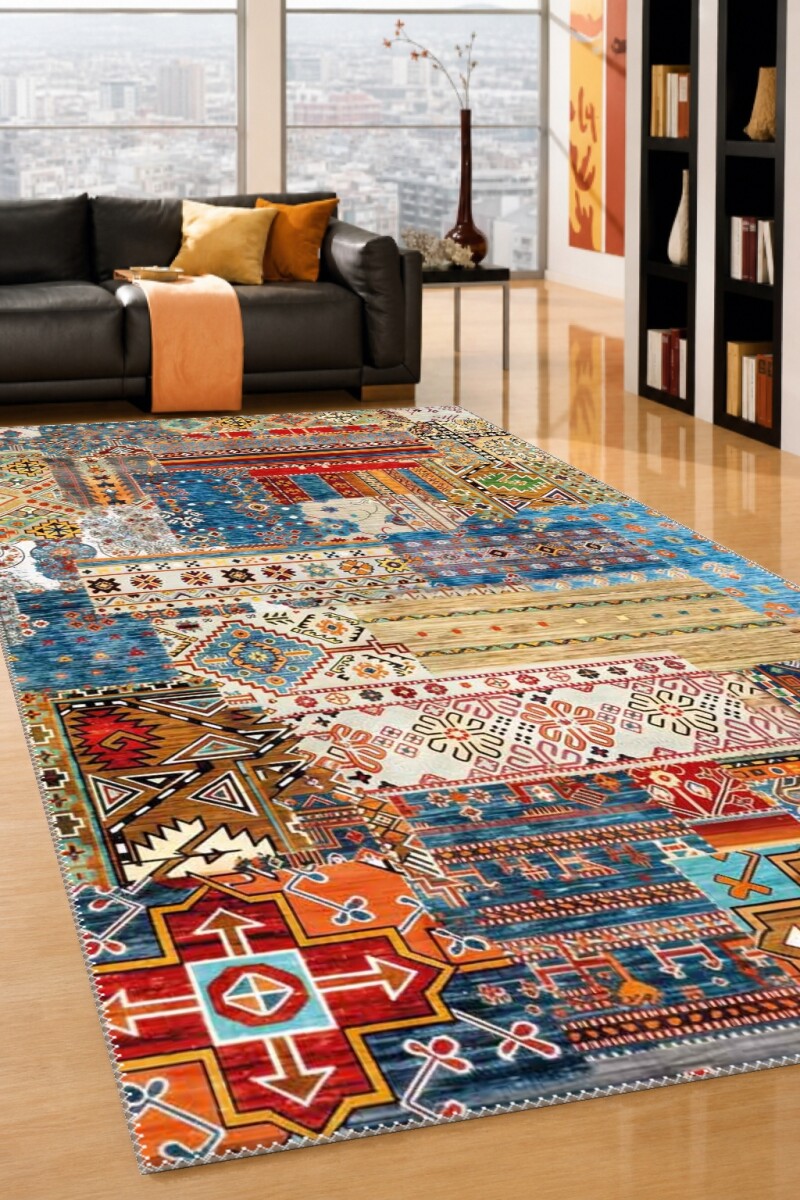 Çok Renkli Mavi Baskın Anadolu Kilim Patchwork Kolaj Parlak Geometrik Etnik Salon Halısı