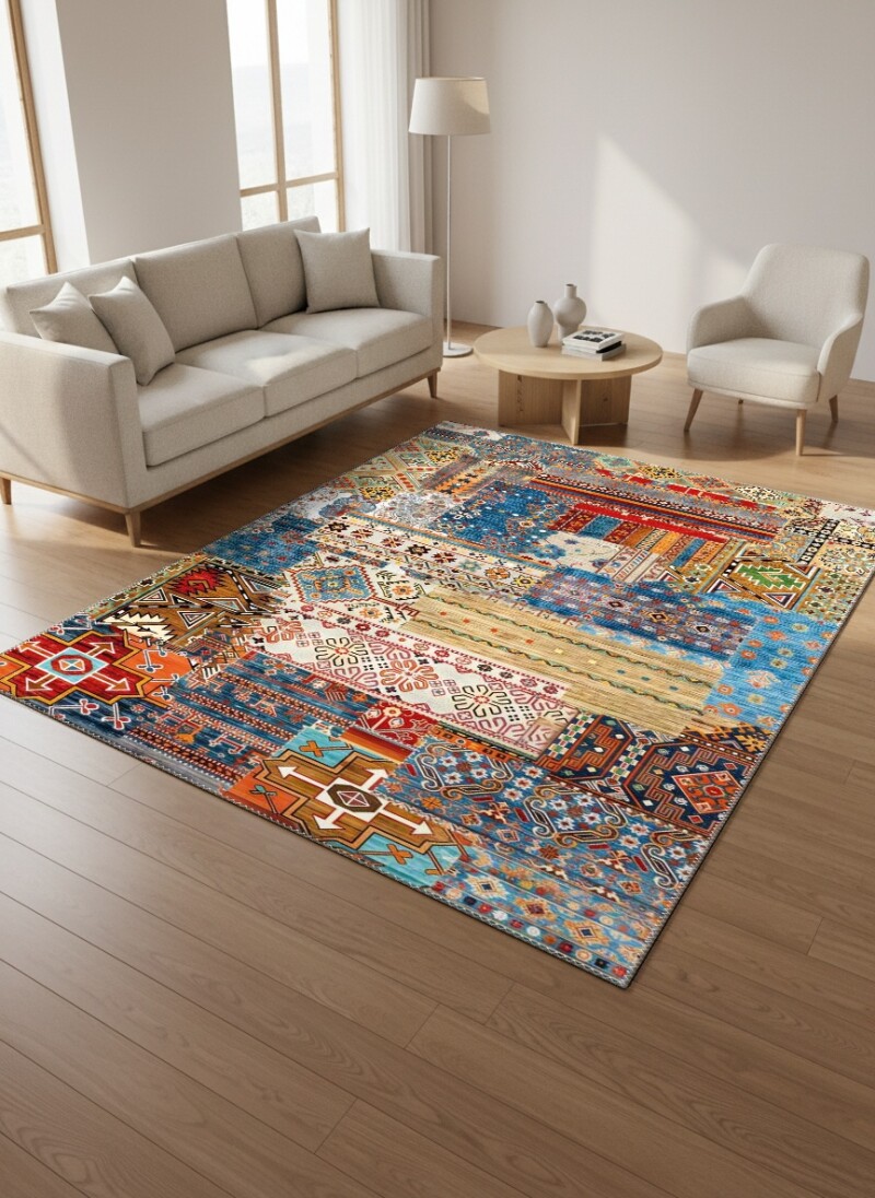 Çok Renkli Mavi Baskın Anadolu Kilim Patchwork Kolaj Parlak Geometrik Etnik Salon Halısı