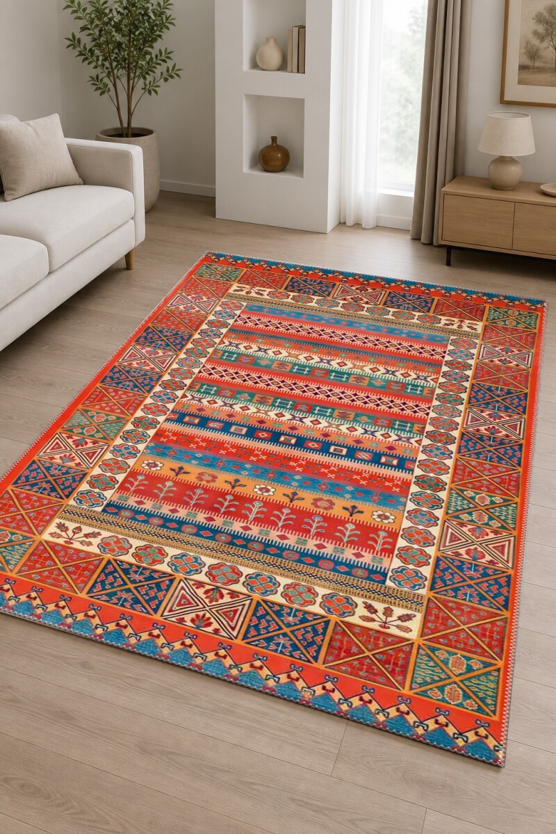 Kırmızı Turuncu Baskın Anadolu Yatay Geometrik Şerit Bordürlü Geleneksel Kilim Salon Halısı