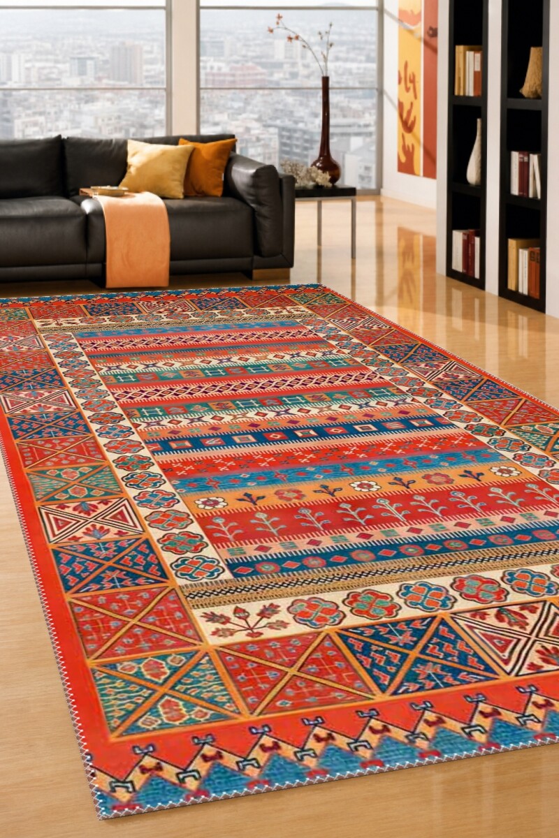 Kırmızı Turuncu Baskın Anadolu Yatay Geometrik Şerit Bordürlü Geleneksel Kilim Salon Halısı