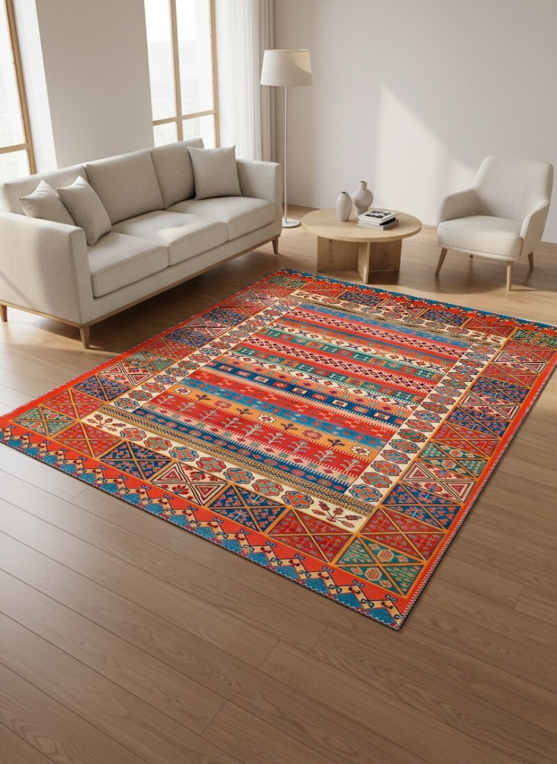 Kırmızı Turuncu Baskın Anadolu Yatay Geometrik Şerit Bordürlü Geleneksel Kilim Salon Halısı