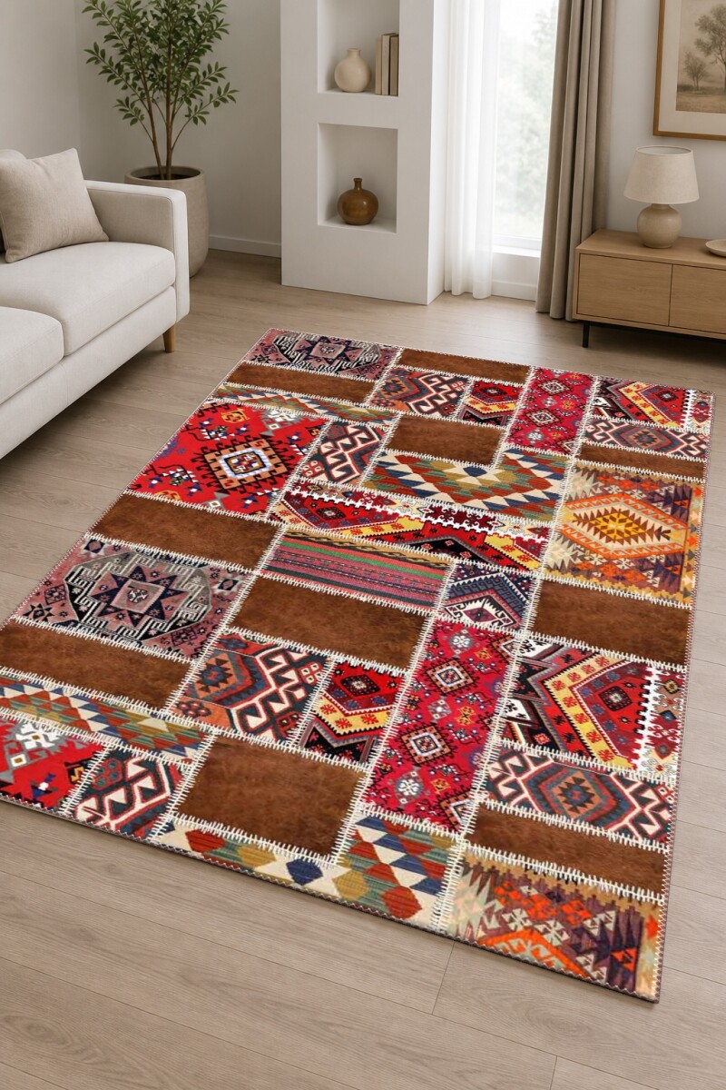 Kahverengi Terrakota Zemin Anadolu Türkmen Kilim Patchwork Kolaj Geleneksel Etnik Salon Halısı