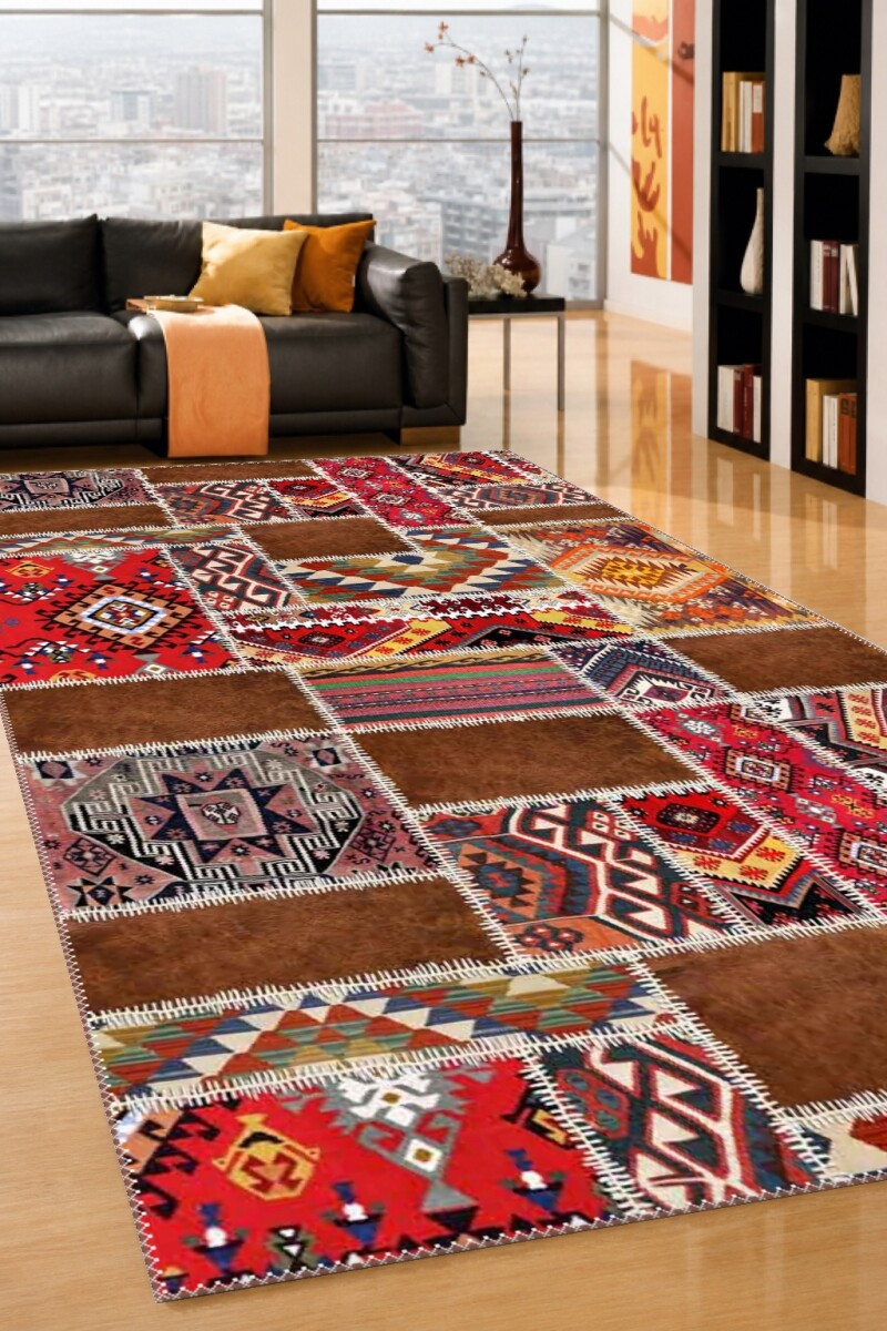 Kahverengi Terrakota Zemin Anadolu Türkmen Kilim Patchwork Kolaj Geleneksel Etnik Salon Halısı