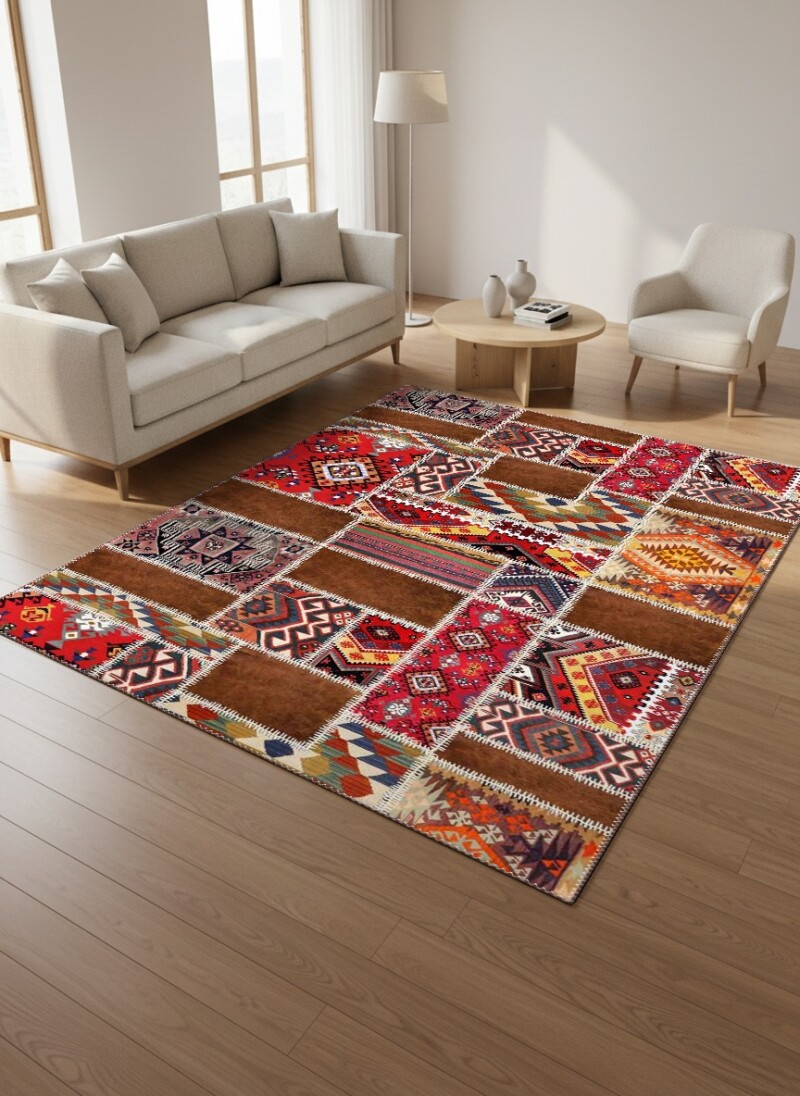 Kahverengi Terrakota Zemin Anadolu Türkmen Kilim Patchwork Kolaj Geleneksel Etnik Salon Halısı