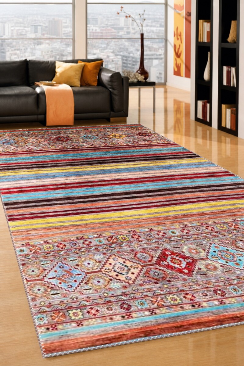 Çok Renkli Afgan Kilim Teal Kırmızı Turuncu Sarı Yatay Şeritli Geometrik Bordürlü Salon Halısı