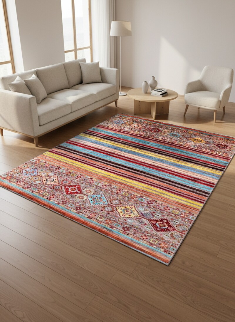 Çok Renkli Afgan Kilim Teal Kırmızı Turuncu Sarı Yatay Şeritli Geometrik Bordürlü Salon Halısı