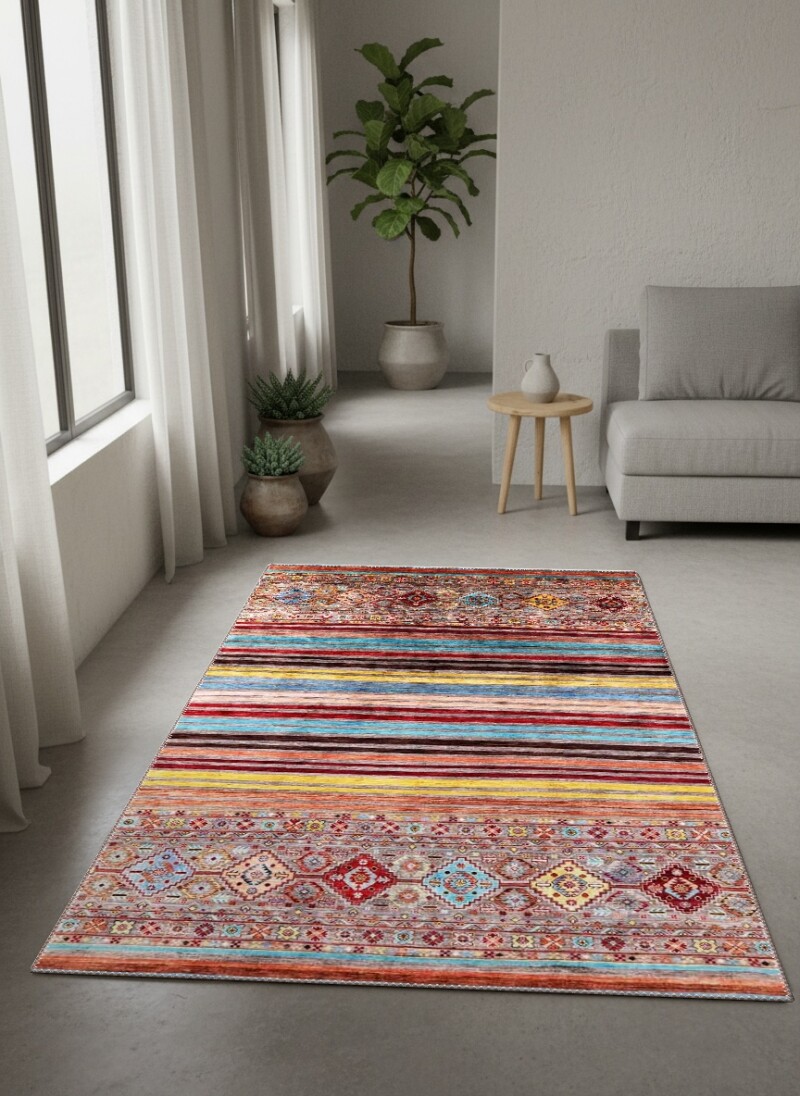 Çok Renkli Afgan Kilim Teal Kırmızı Turuncu Sarı Yatay Şeritli Geometrik Bordürlü Salon Halısı