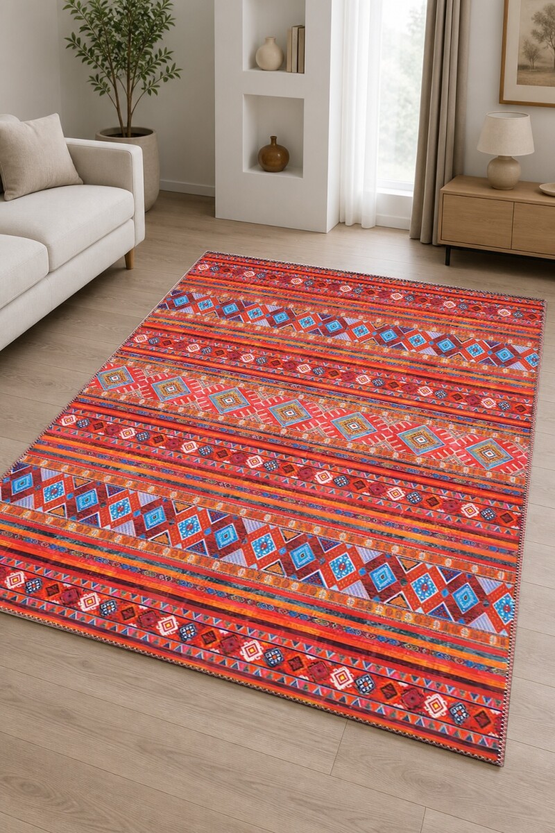 Çok Renkli Kırmızı Turuncu Baskın Yatay Şeritli Baklava Geometrik Afgan Kilim Etnik Salon Halısı