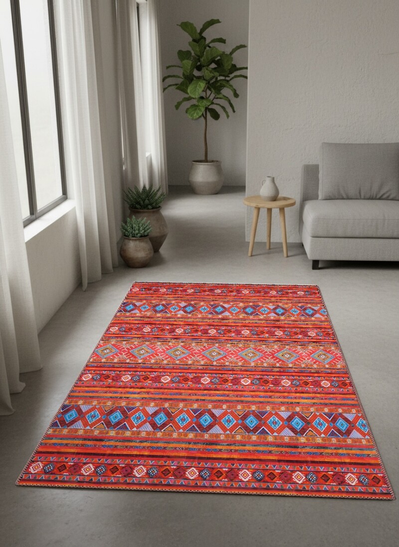 Çok Renkli Kırmızı Turuncu Baskın Yatay Şeritli Baklava Geometrik Afgan Kilim Etnik Salon Halısı