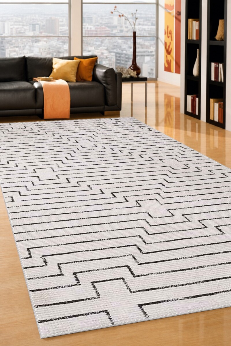 Krem Beyaz Zemin Siyah Konturlu Basamaklı Kademeli Geometrik Modern Minimalist Salon Halısı