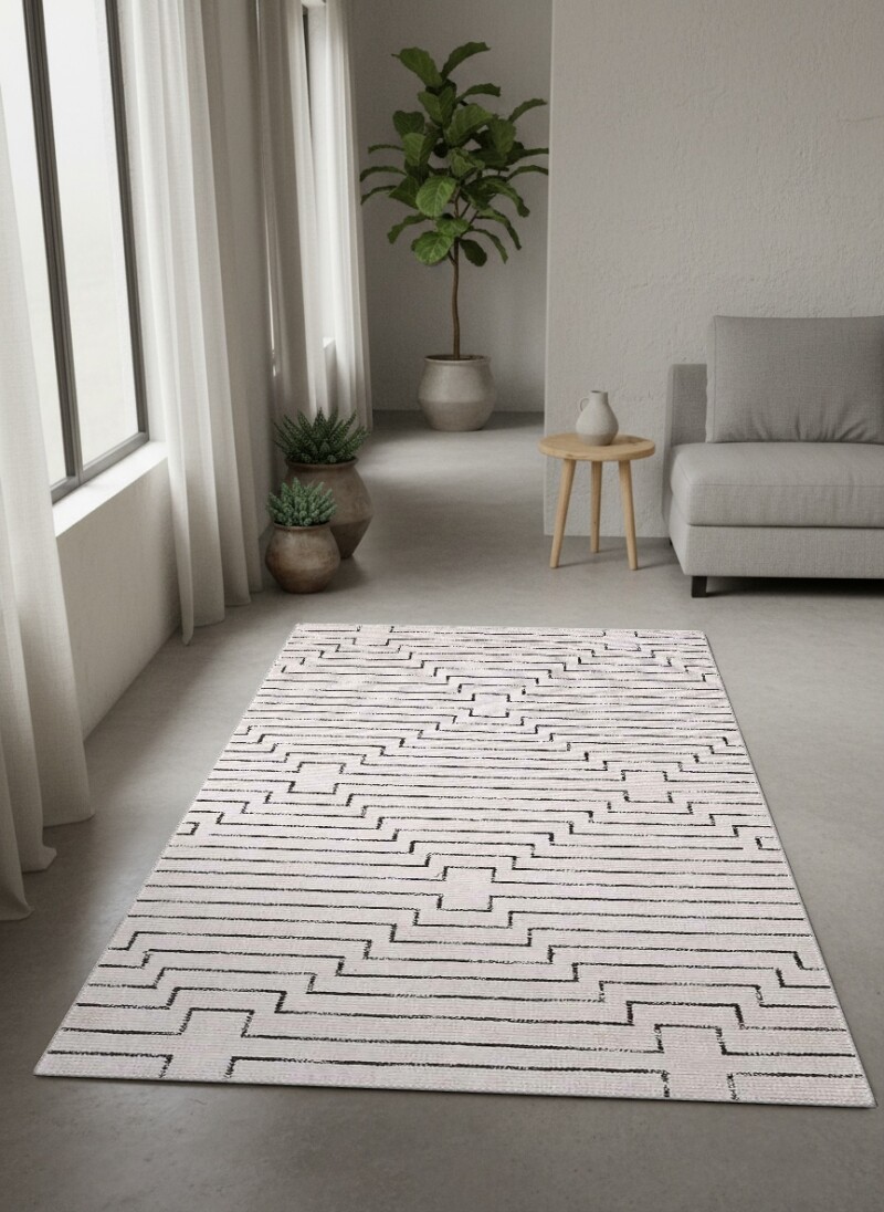 Krem Beyaz Zemin Siyah Konturlu Basamaklı Kademeli Geometrik Modern Minimalist Salon Halısı