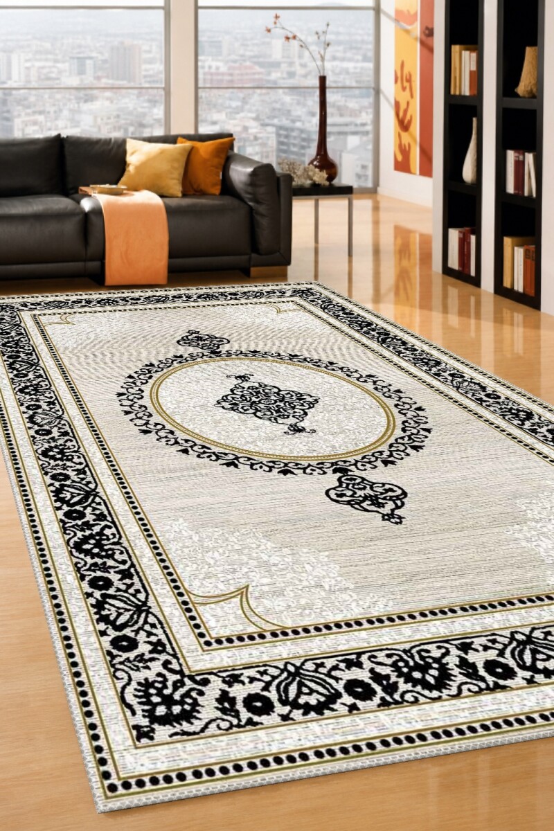 Krem Bej Zemin Siyah Altın Çerçeveli Merkezi Madalyon Çiçekli Klasik Osmanlı Salon Halısı