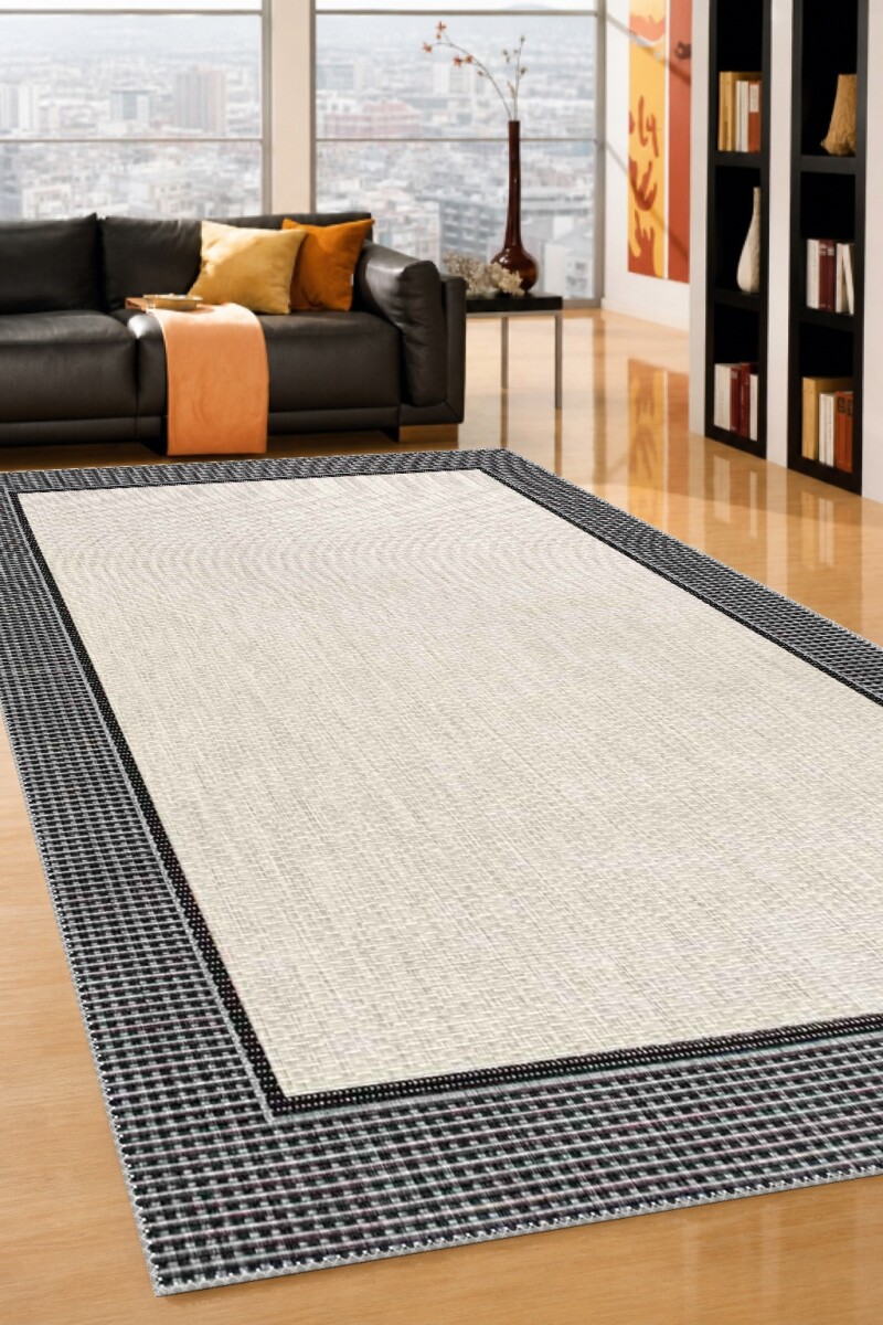 Krem Beyaz Zemin Antrasit Siyah Çerçeveli Düz Dokulu Minimalist Bordürlü Salon Halısı