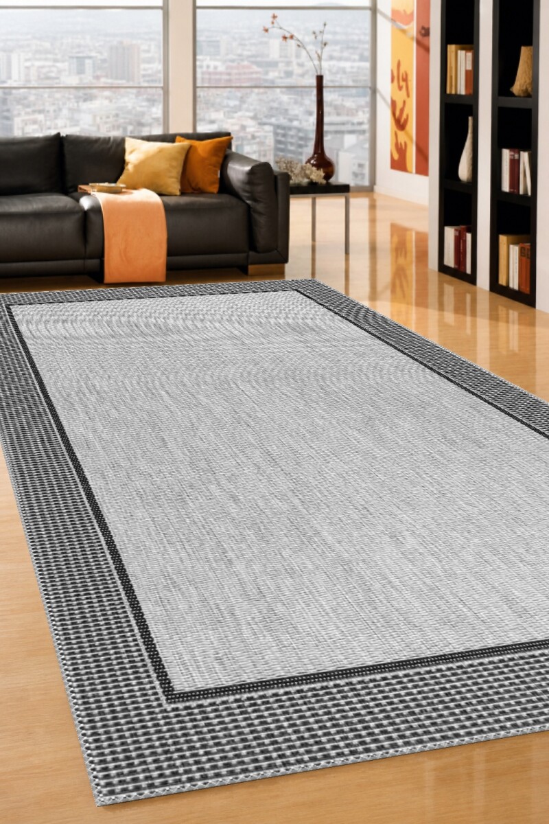 Açık Gri Zemin Antrasit Siyah Çerçeveli Düz Dokulu Minimalist Bordürlü Salon Halısı