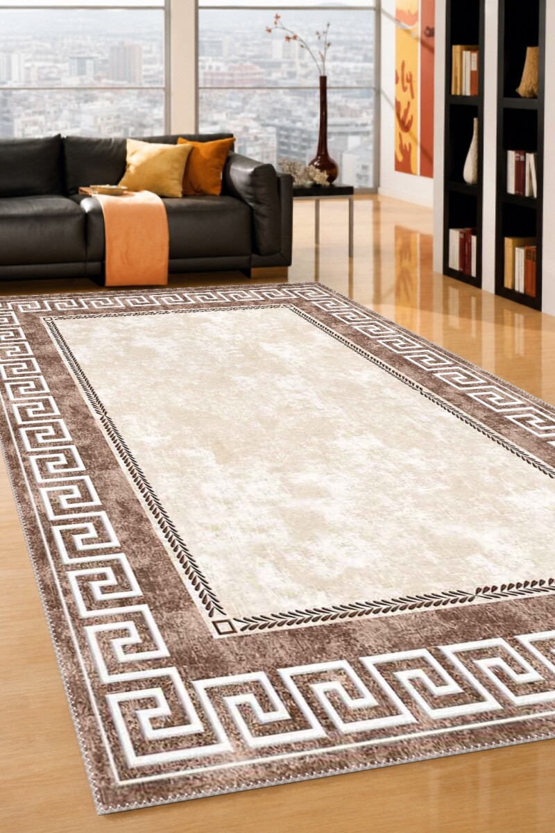 Bej Krem Zemin Kahverengi Terrakota Antik Yunan Meander Bordürlü Eskitme Vintage Salon Halısı