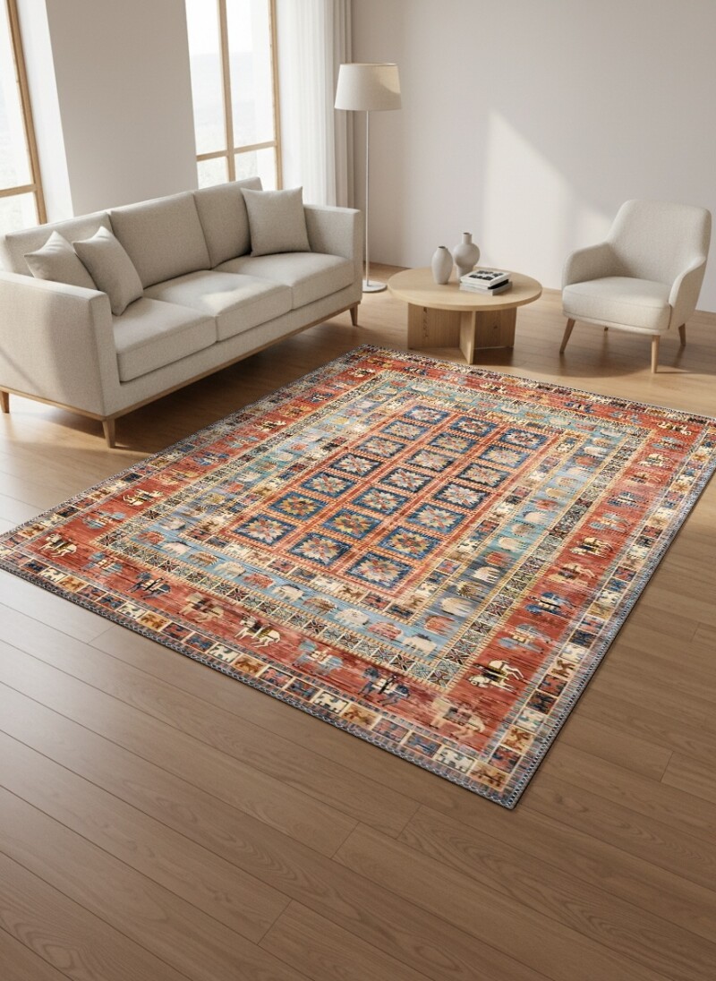 Terrakota Kırmızı Zemin Mavi Panel Hayvan Figürlü Afgan Pictorial Kareli Geometrik Etnik Salon Halısı