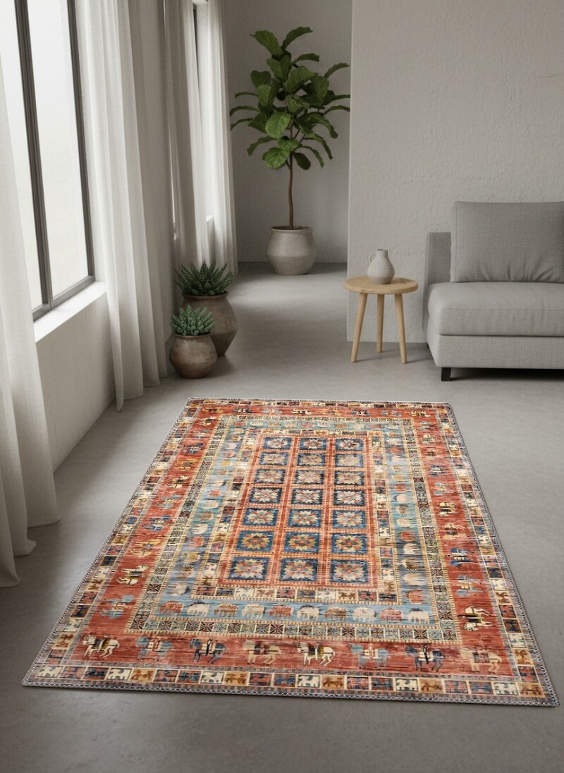 Terrakota Kırmızı Zemin Mavi Panel Hayvan Figürlü Afgan Pictorial Kareli Geometrik Etnik Salon Halısı