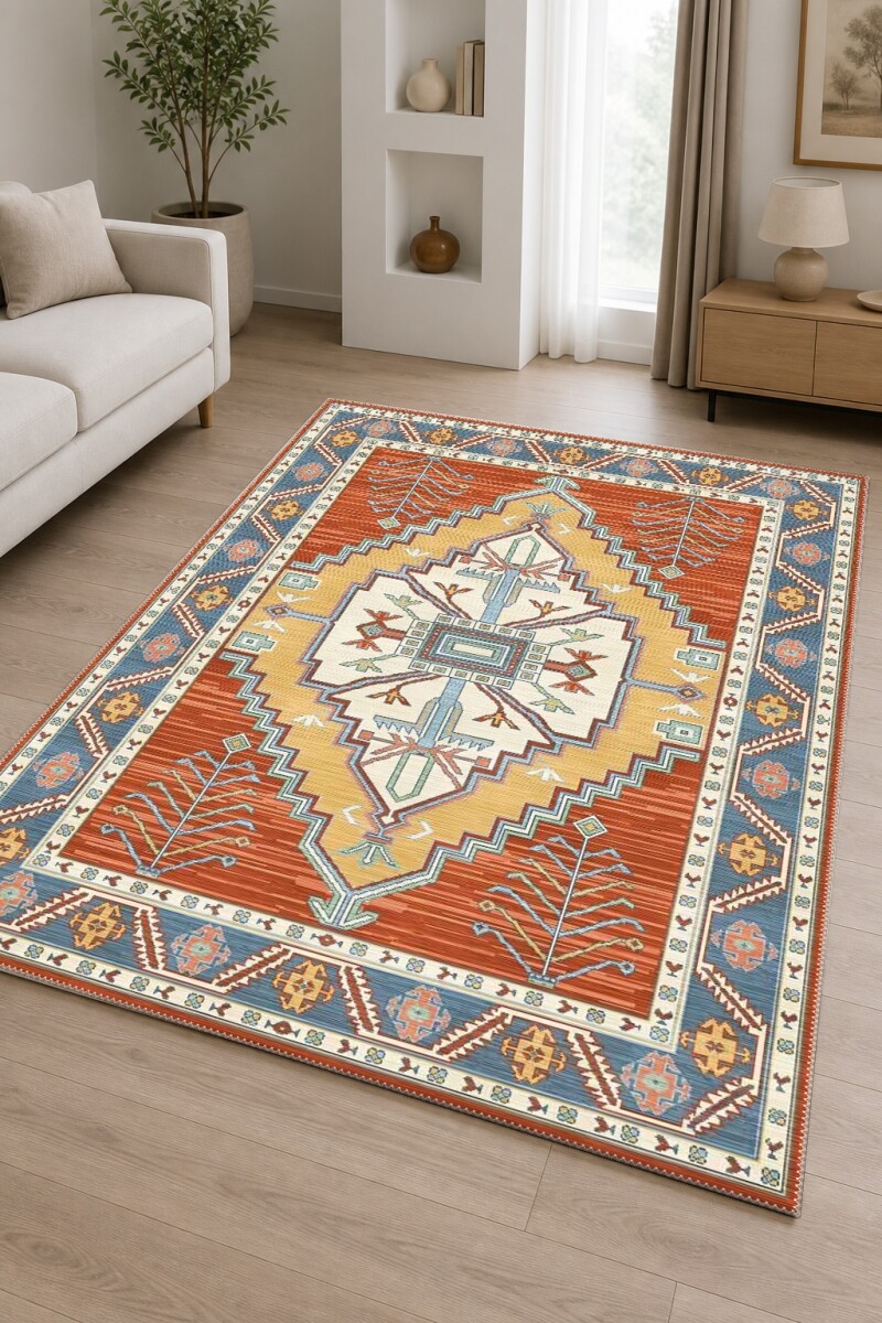 Terrakota Turuncu Zemin Krem Merkezi Büyük Madalyon Ağaç Tüy Motifli Kazak Native American Salon Halısı