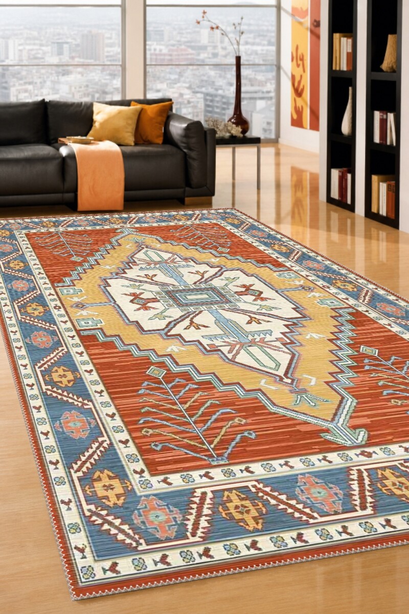 Terrakota Turuncu Zemin Krem Merkezi Büyük Madalyon Ağaç Tüy Motifli Kazak Native American Salon Halısı