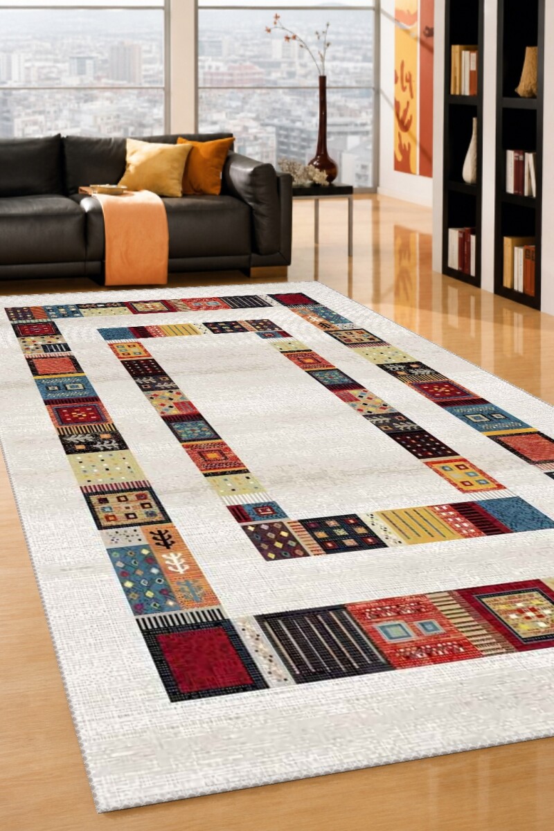 Krem Bej Zemin Çok Renkli Gabbeh Patchwork Kareli Çerçeveli Tribal Etnik Loribaf Salon Halısı
