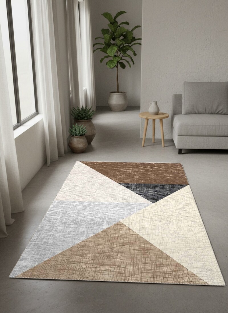 Kahverengi Gri Antrasit Bej Krem Büyük Üçgen Geometrik Color Block Modern Bauhaus Salon Halısı