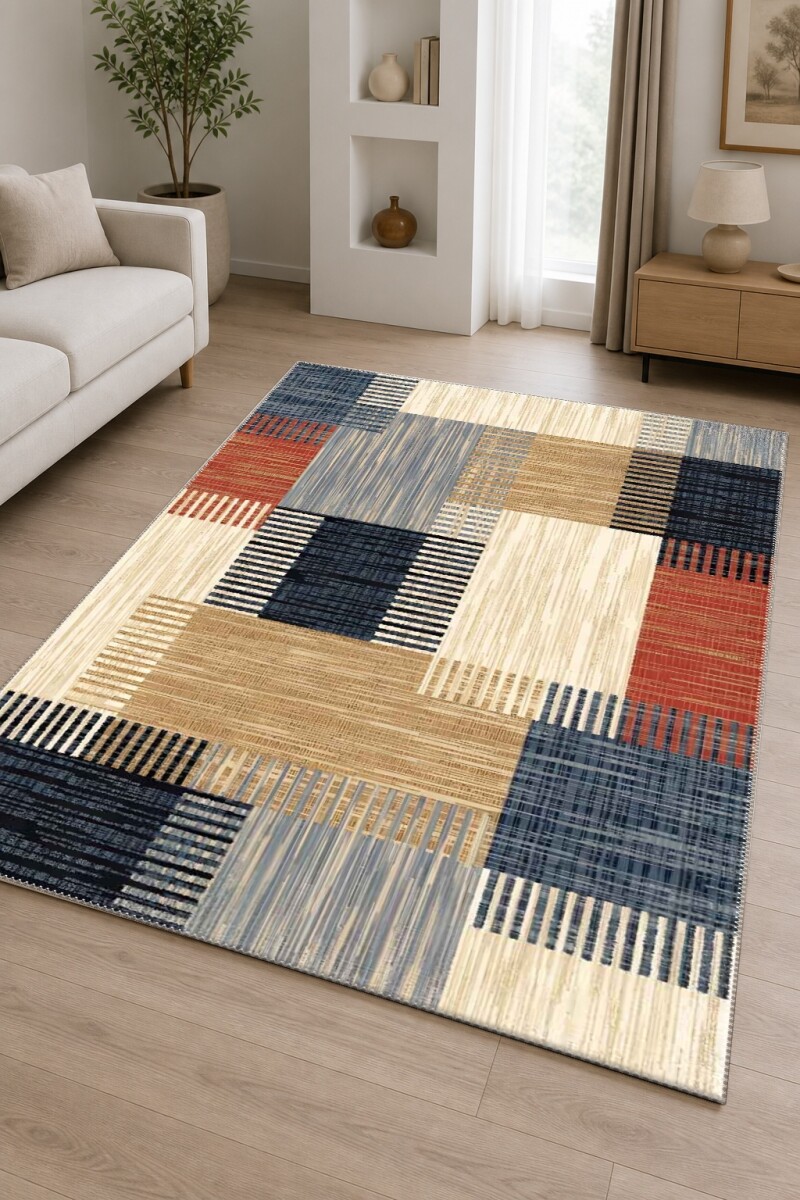 Krem Bej Lacivert Turuncu Kırmızı Dikey Şeritli Dokusal Patchwork Kareli Modern Salon Halısı
