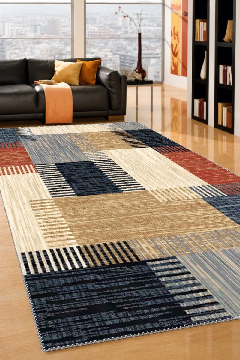 Krem Bej Lacivert Turuncu Kırmızı Dikey Şeritli Dokusal Patchwork Kareli Modern Salon Halısı