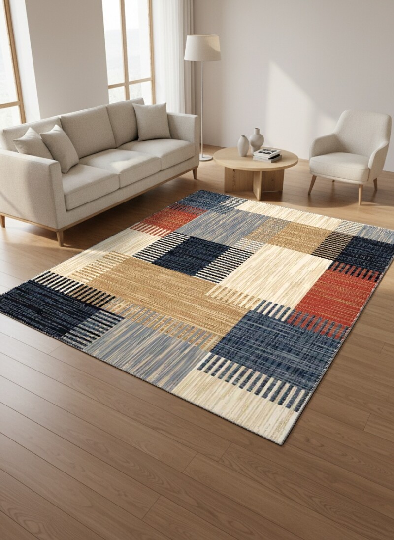 Krem Bej Lacivert Turuncu Kırmızı Dikey Şeritli Dokusal Patchwork Kareli Modern Salon Halısı