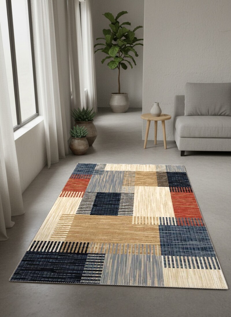 Krem Bej Lacivert Turuncu Kırmızı Dikey Şeritli Dokusal Patchwork Kareli Modern Salon Halısı