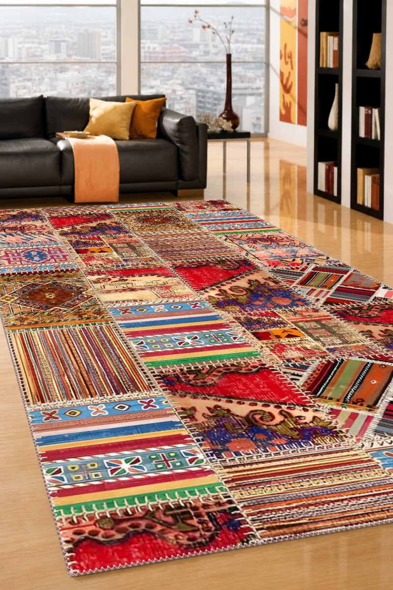 Çok Renkli Kırmızı Baskın Anadolu Kilim Patchwork Kolaj Vintage Etnik Şeritli Büyük Salon Halısı
