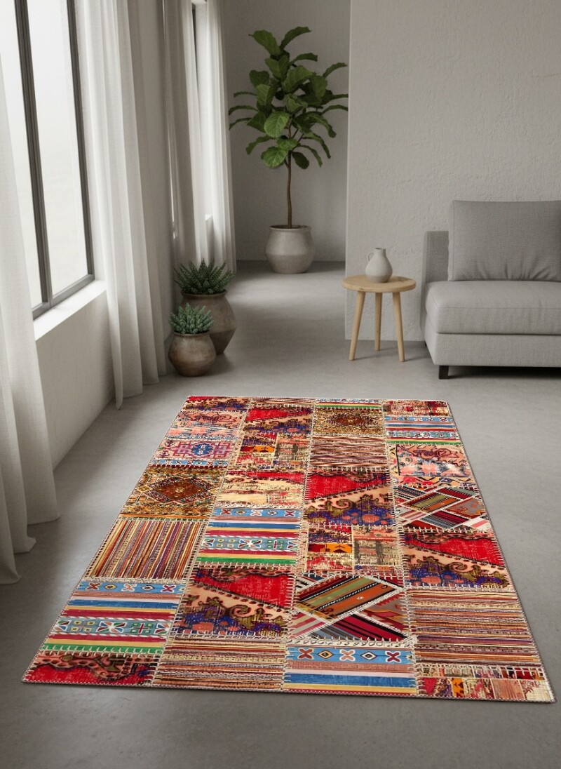 Çok Renkli Kırmızı Baskın Anadolu Kilim Patchwork Kolaj Vintage Etnik Şeritli Büyük Salon Halısı