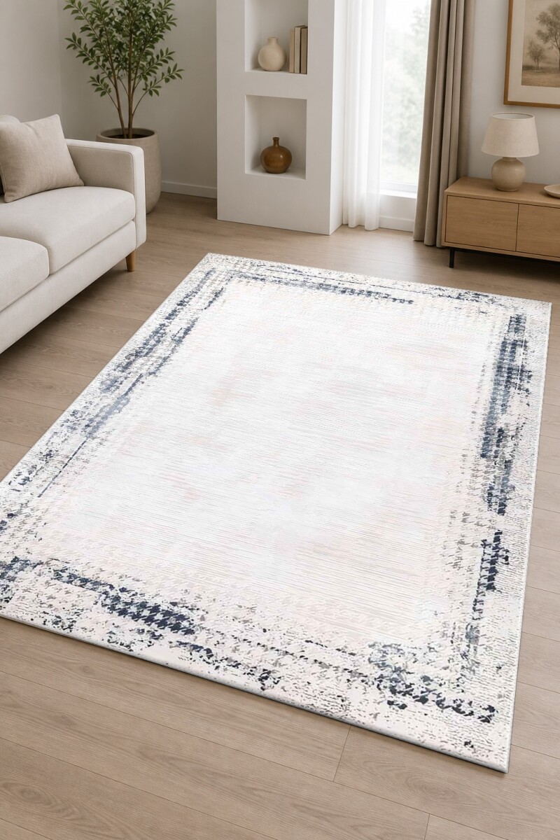 Krem Bej Zemin Açık Gri Mavi Eskitme Çerçeveli Sade Vintage Modern Minimalist Salon Halısı