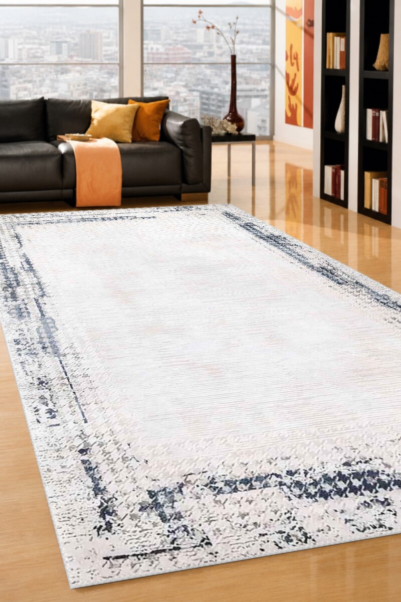Krem Bej Zemin Açık Gri Mavi Eskitme Çerçeveli Sade Vintage Modern Minimalist Salon Halısı