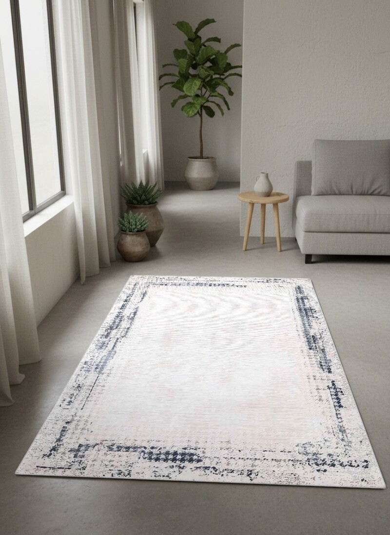Krem Bej Zemin Açık Gri Mavi Eskitme Çerçeveli Sade Vintage Modern Minimalist Salon Halısı