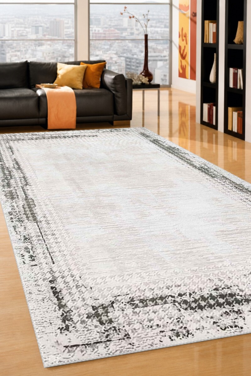 Krem Açık Gri Zemin Gri Kazayağı Bordürlü Eskitme Sade Vintage Modern Minimalist Salon Halısı