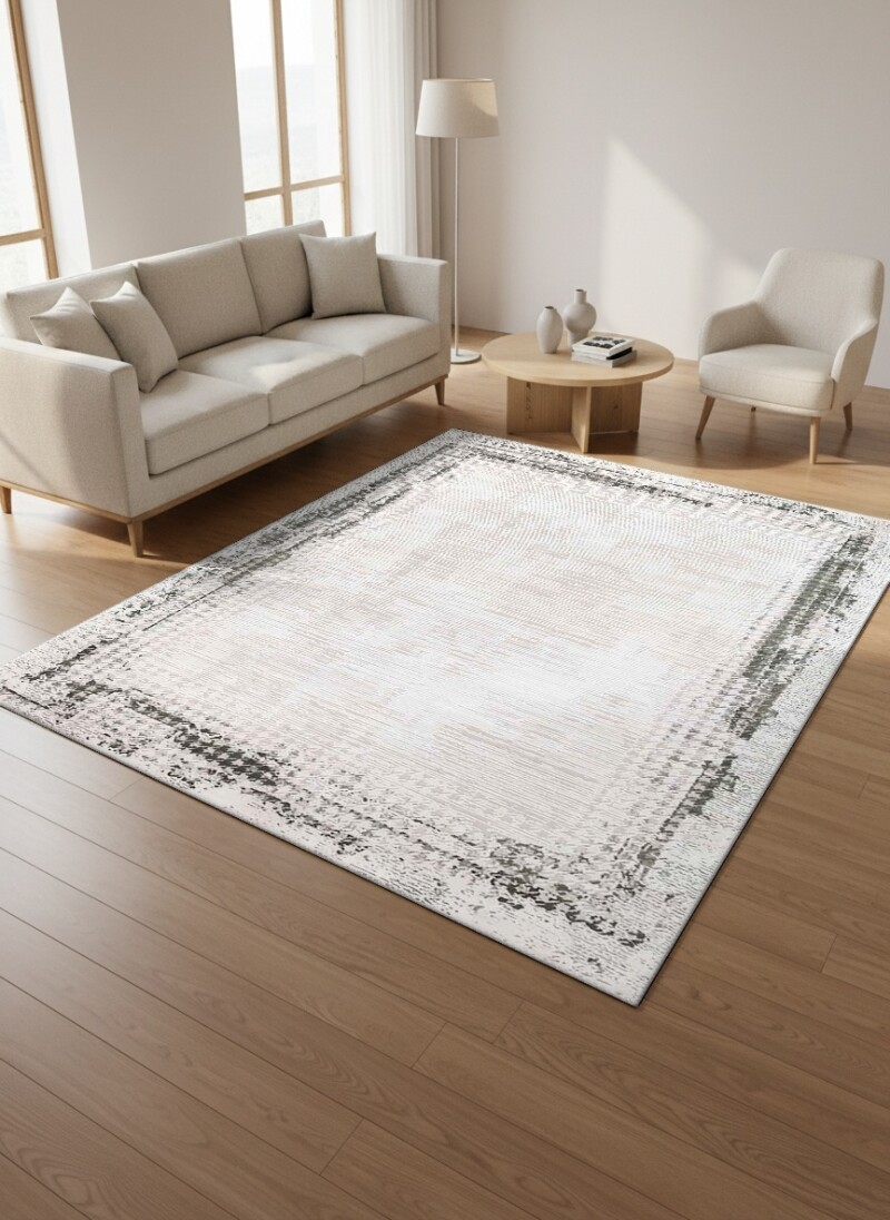 Krem Açık Gri Zemin Gri Kazayağı Bordürlü Eskitme Sade Vintage Modern Minimalist Salon Halısı