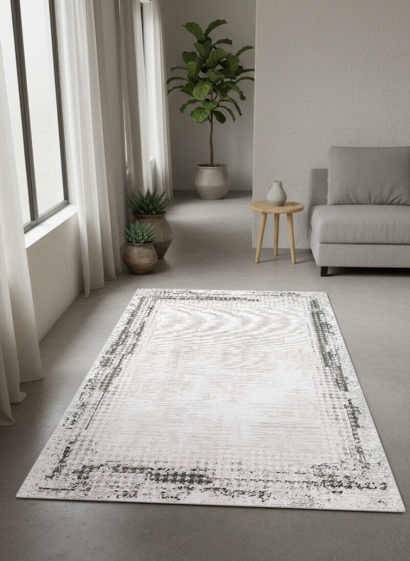 Krem Açık Gri Zemin Gri Kazayağı Bordürlü Eskitme Sade Vintage Modern Minimalist Salon Halısı