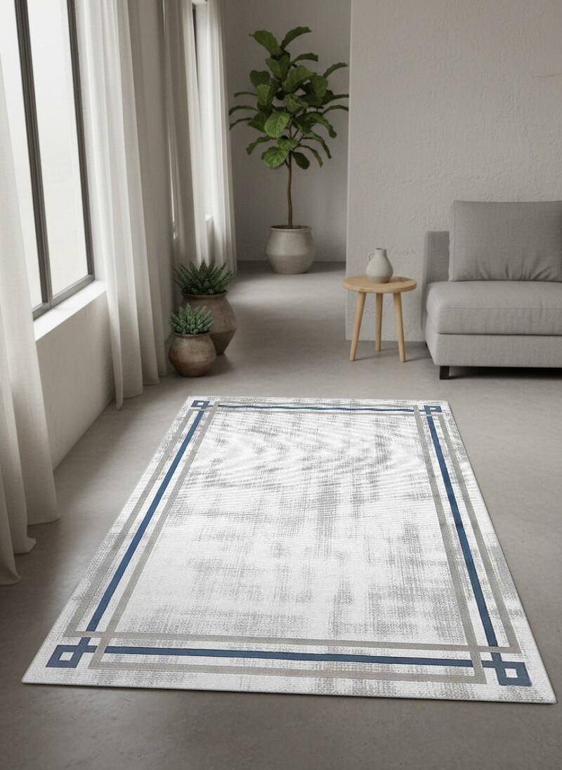 Krem Açık Gri Zemin Lacivert İnce Çizgili T Köşe Ornamentli Sade Modern Minimalist Salon Halısı
