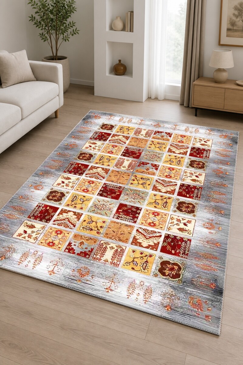 Gri Gümüş Çerçeveli Krem Sarı Kırmızı Osmanlı Çiçekli Patchwork Kareli Geleneksel Salon Halısı
