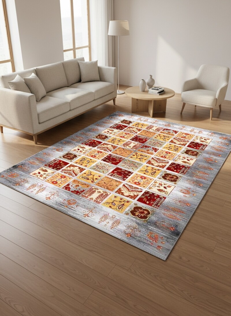 Gri Gümüş Çerçeveli Krem Sarı Kırmızı Osmanlı Çiçekli Patchwork Kareli Geleneksel Salon Halısı