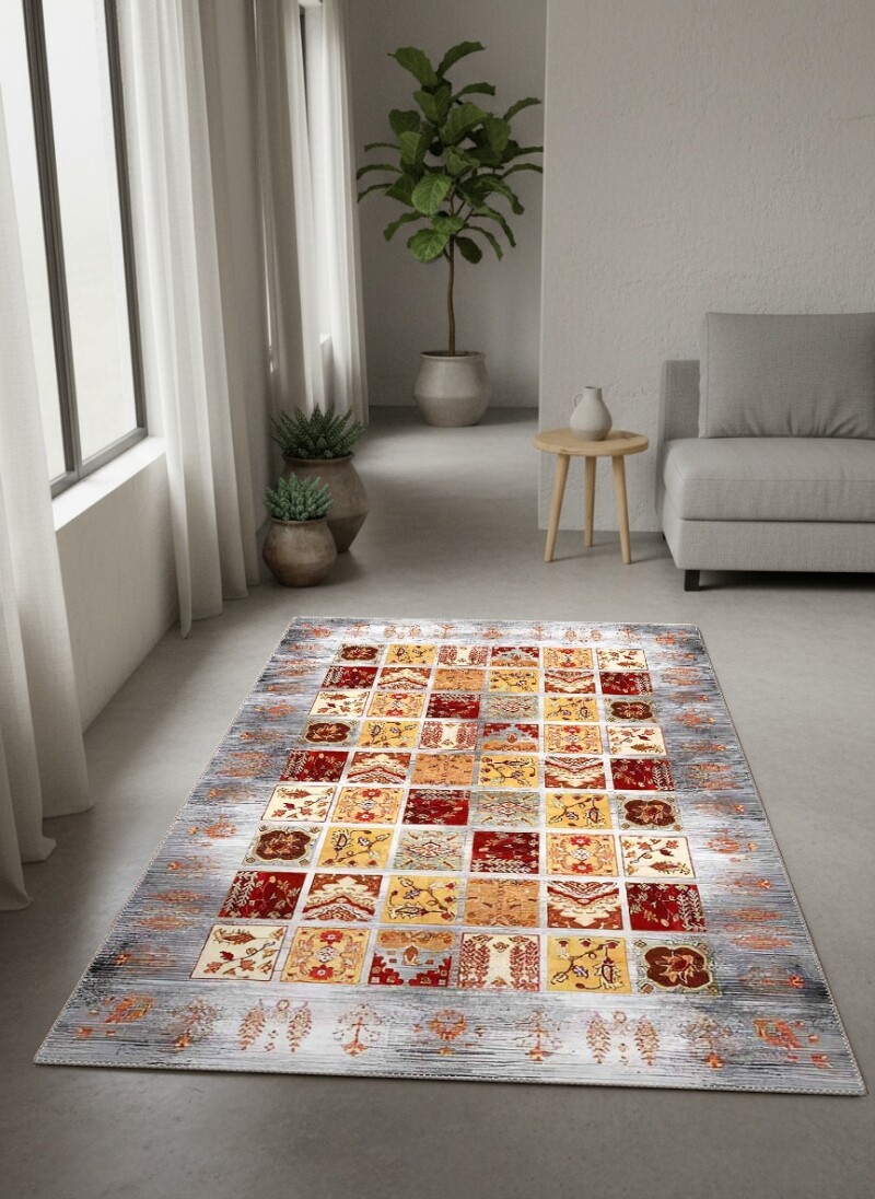 Gri Gümüş Çerçeveli Krem Sarı Kırmızı Osmanlı Çiçekli Patchwork Kareli Geleneksel Salon Halısı
