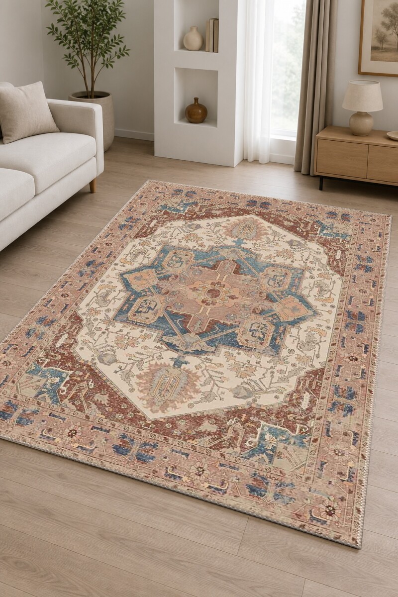 Kahverengi Terrakota Zemin Krem Bej Büyük Çiçekli Sarmaşık Madalyon Heriz Persian Vintage Salon Halısı