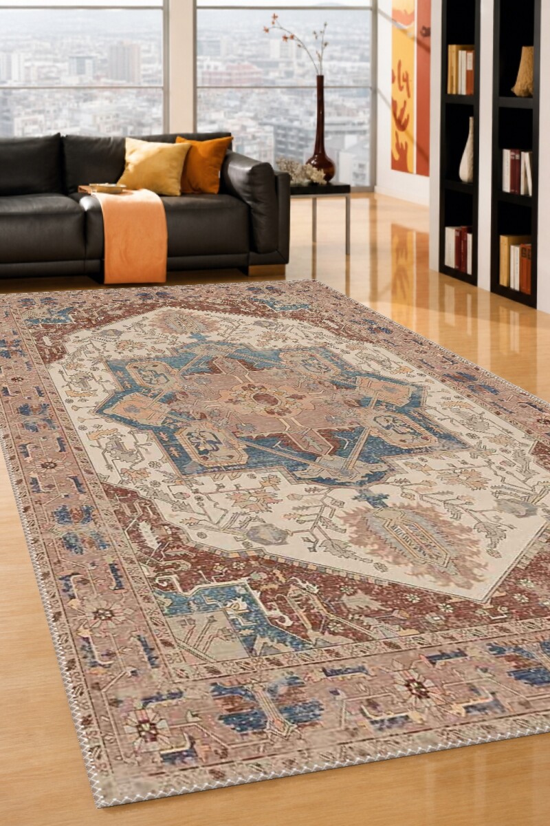 Kahverengi Terrakota Zemin Krem Bej Büyük Çiçekli Sarmaşık Madalyon Heriz Persian Vintage Salon Halısı