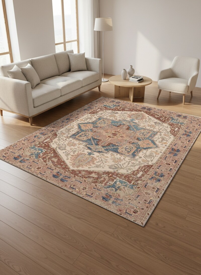 Kahverengi Terrakota Zemin Krem Bej Büyük Çiçekli Sarmaşık Madalyon Heriz Persian Vintage Salon Halısı